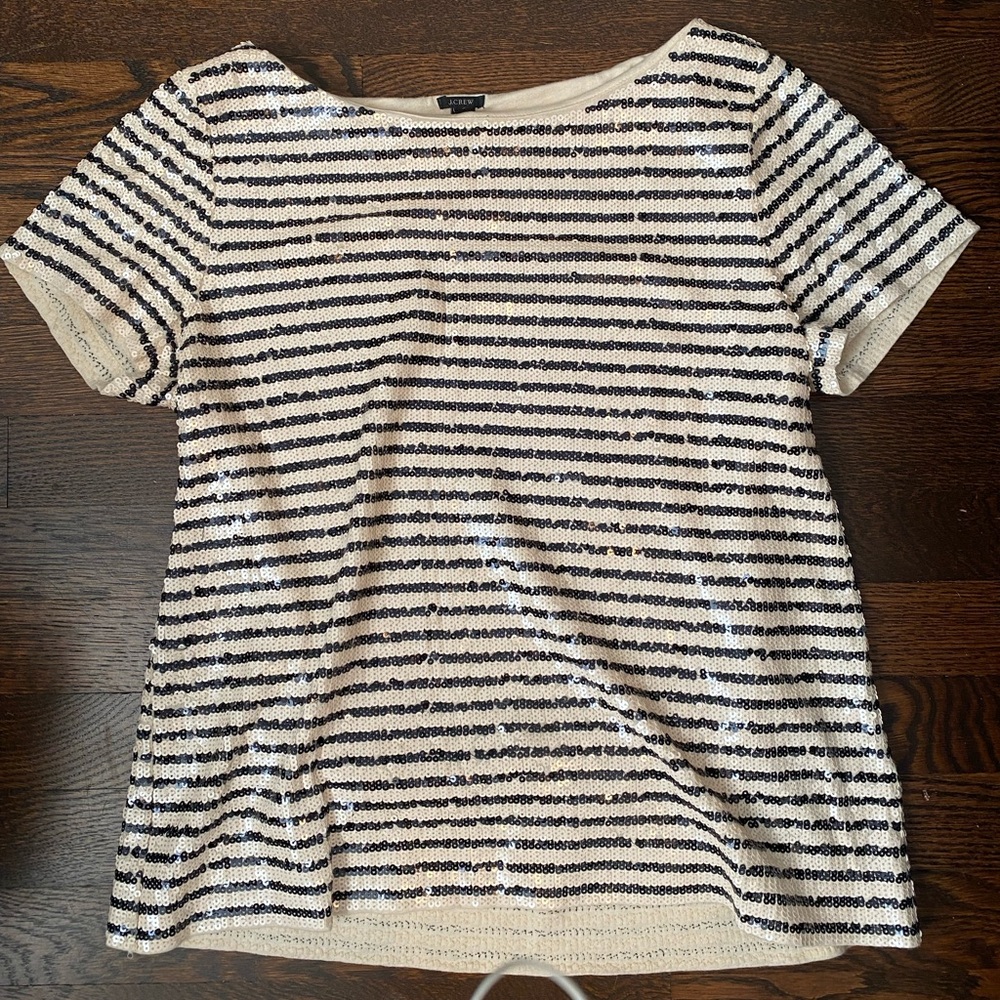 Vintage J Crew Black and White Sequin Striped Short Sleeve Top